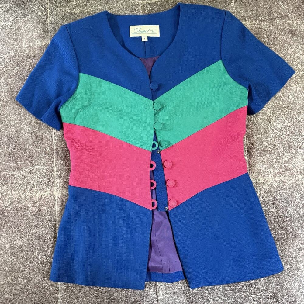 Women's Vintage 80's Santa Fe Color Block Blue Pink Button Up Blazer Jacket Sz 8